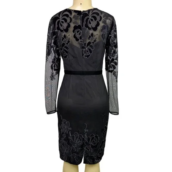 David Meister Womens Black Sheer Floral Pattern Long Sleeve Cocktail Dress  Sz 6